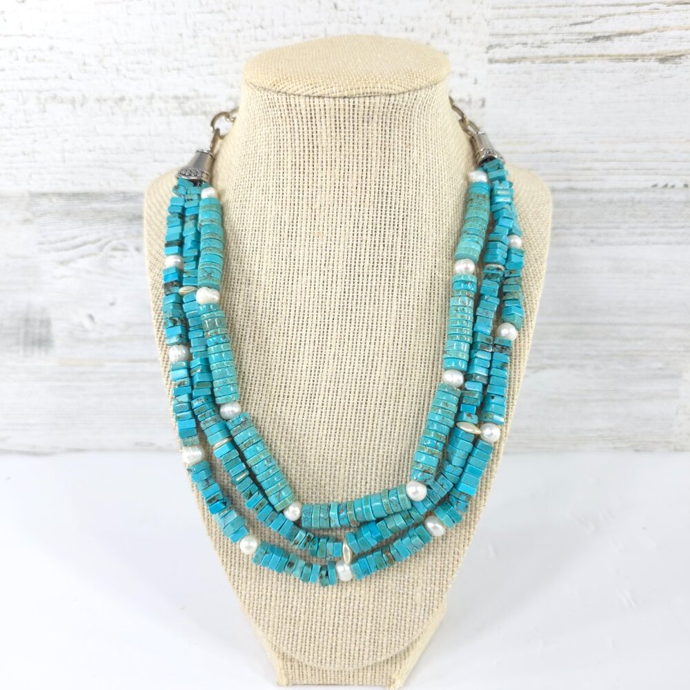 TURQUOISE NATURAL STONE AND FRESHWATER CULTURED PEARLS 3 STRANDS NECKLACE ADJUST